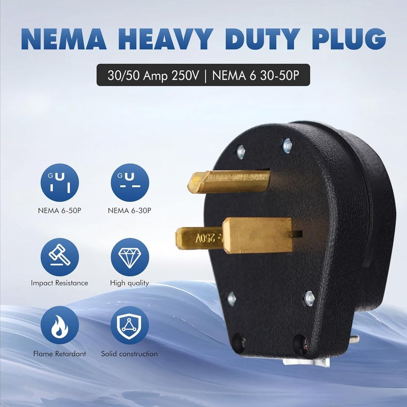 VAV NEMA 6-30P & 6-50P, 30 & 50 Amp, 250V, Heavy Duty Angle Plug, 2 Pole 3 Wire AC Dryer Replacement Male, Industrial Grade, UL Listed - Image 2